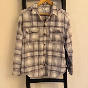 Hollister Boyfriend Fit‎ Plaid Flannel Shacket Womens Medium Gray Button Down